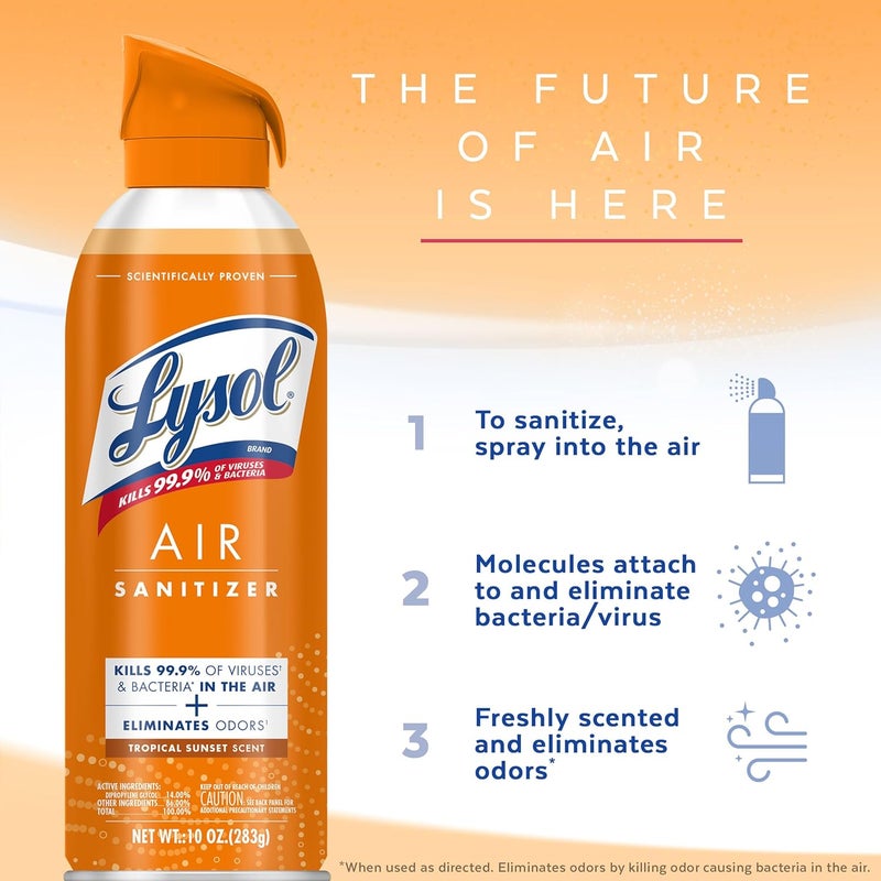 Lysol رذاذ معقم للهواء مع مزيل الروائح للمنزل والمكتب، رذاذ تعقيم، بديل معطر الهواء، رائحة غروب الشمس الاستوائية، 10 أونصات (عبوة من 3) - Image 3